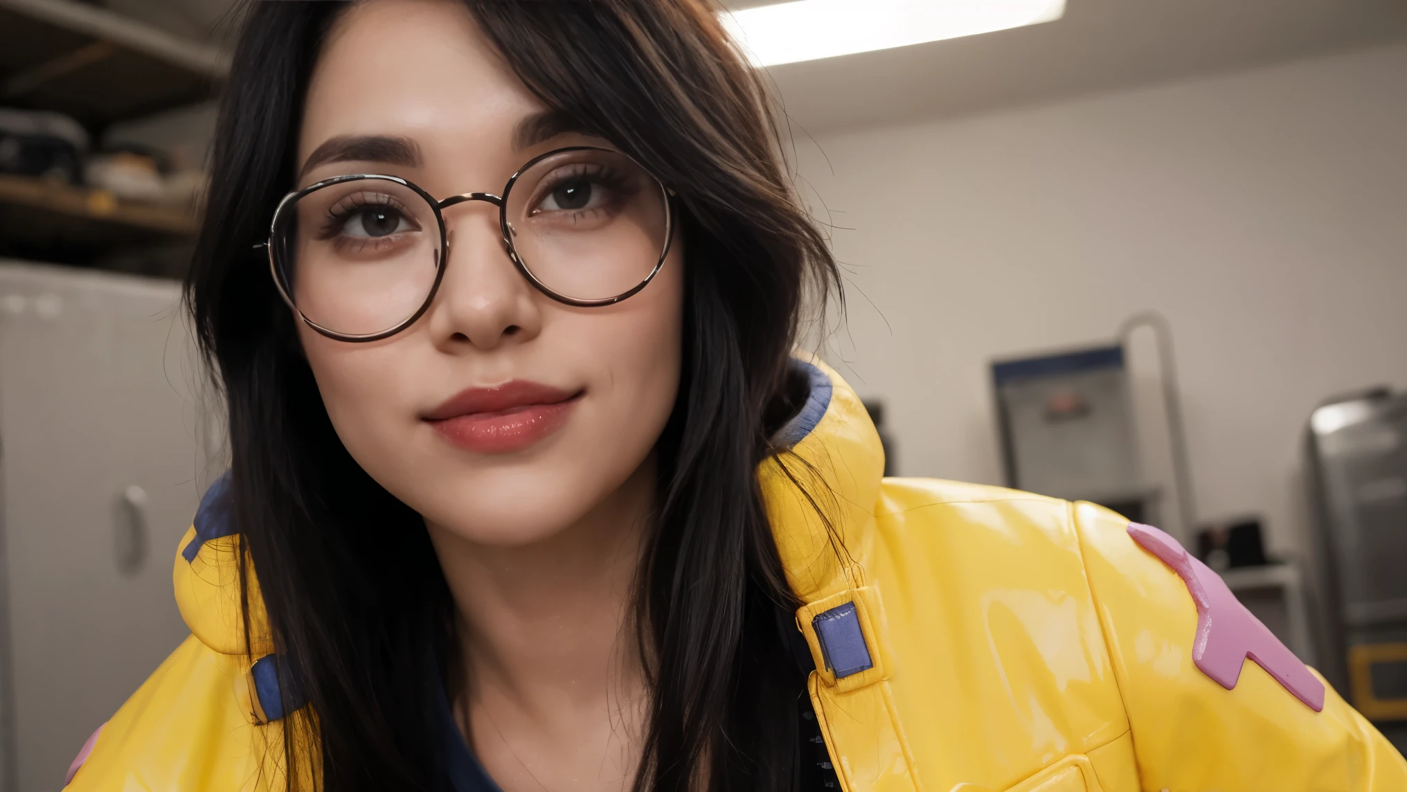 (masterpiece), best quality, expressive eyes, 8K, HD, perfect face, Turkish germanic girl, smoked eyes, black hair, brown eyes,(high quality eyes), streak hair, indoors, yellow latex jacket, looking at viewer, wc, collarbone, cold temperatures, valorant, toilet clothing, family, manger, killjoy shirt, smiling, ((((close-up))), garage, slim body, pov, circle glasses, short sleeves shirt, 1girl, ((kissing lips pose))
