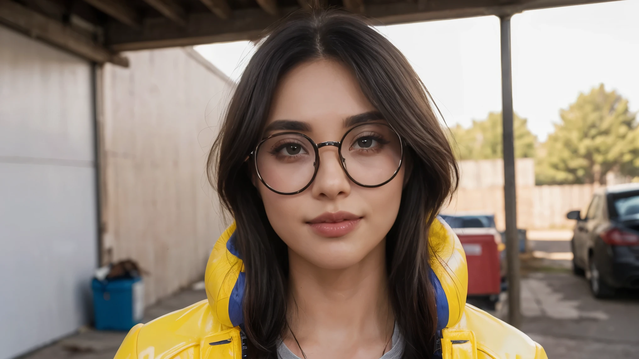 (masterpiece), best quality, expressive eyes, 8K, HD, perfect face, Turkish germanic girl, smoked eyes, brunette hair, brown eyes,(high quality eyes), streak hair, indoors, yellow latex jacket, looking at viewer, wc, collarbone, cold temperatures, valorant, toilet clothing, family, manger, killjoy shirt, smiling, ((((close-up))), garage, slim body, pov, circle glasses, short sleeves shirt, 1girl, ((puckered kj lips pose)), brunette