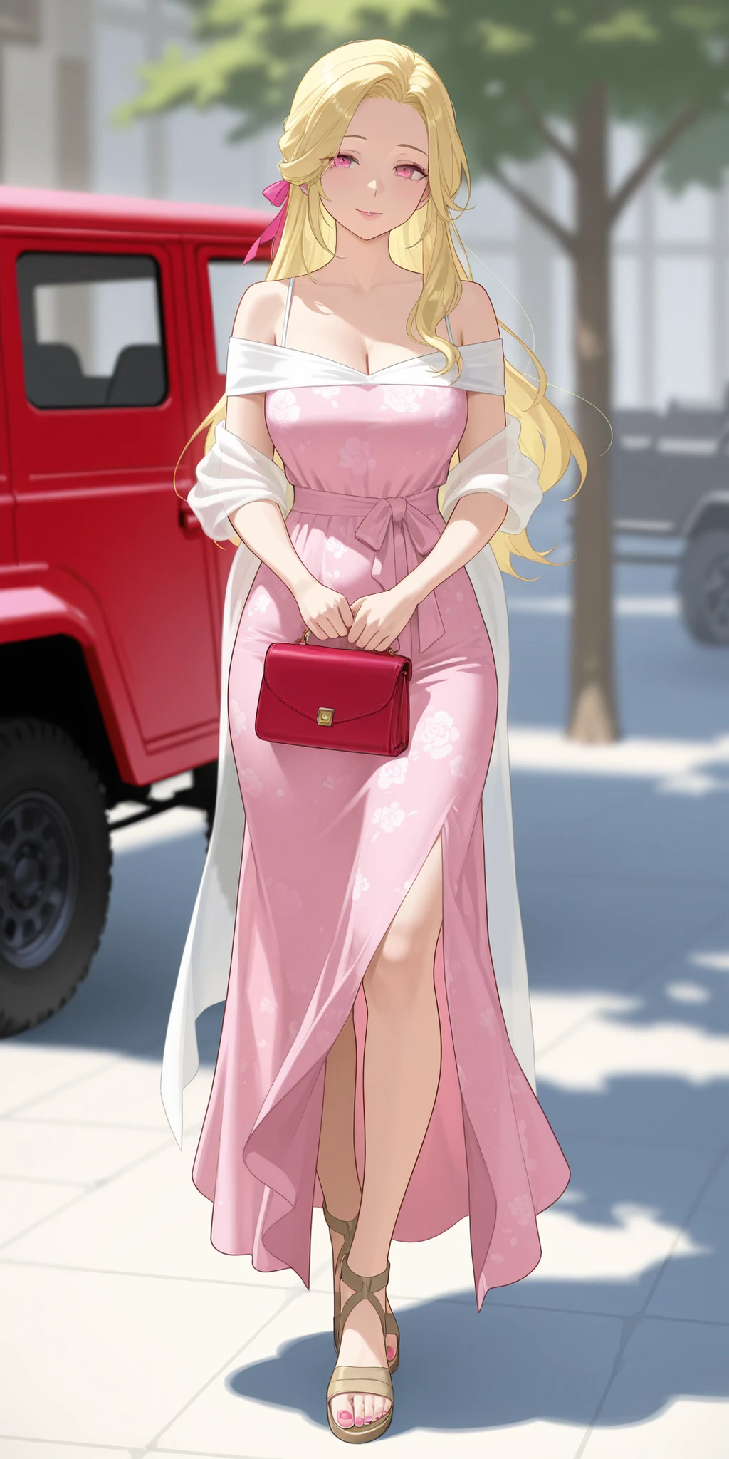 A mature extremely beautiful woman with blond hair, extremely fair white glowy natural skin, big pink eyes, red plump glossy lips, pink nails, a small slim waist, and a perfect slim yet curvy body. She's only wearing a long ankle-length pink floral dress with spaghetti straps, a thin white shawl draped in an off-shoulder style, one hair ribbon, and brown tall sandals. She's standing straight, carrying one purse, a plain kind smile, a housewife hairstyle, and a big red jeep in the background. Show her full body.