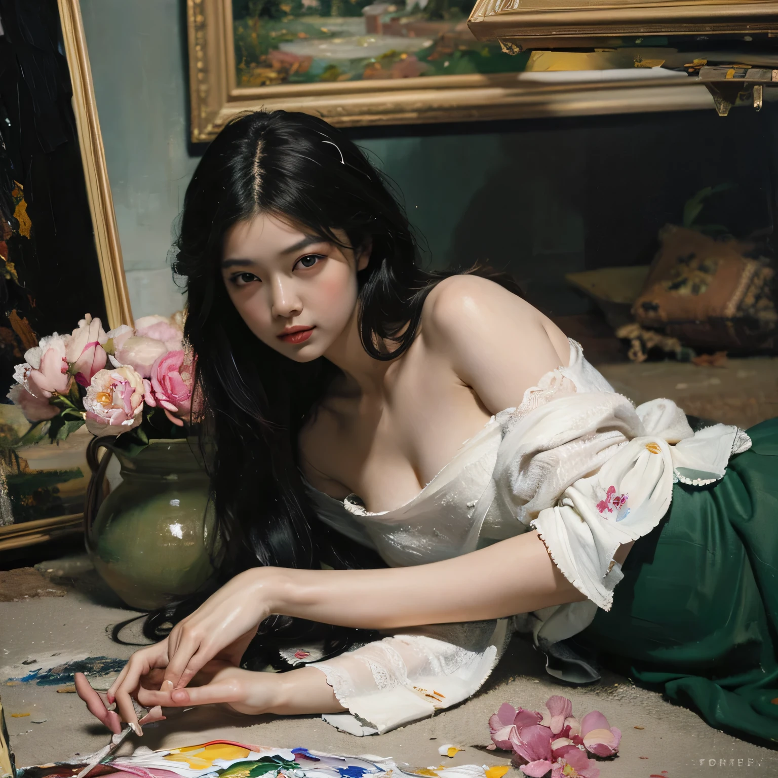 A completely naked beautiful girl is holding and hugging a beautiful large vase、Correct fingers、Nipples and genitals are hidden behind a vase、Beautiful Eyes、Beautiful and well-proportioned face、Nikoli、(Super big breasts)、Wide big ass、Angle from the front、Luxuriously well-furnished rooms、Concept Art、(Highest quality、4K、8k、High resolution、masterpiece:1.2)、Ultra-Details、(Real、Photorealistic、Photo-Realistic:1.37)、Bright atmosphere lighting、A vulnerable look、The tactile texture of ceramics、Brightly colored intricately decorated vases、(The vase is shaped like an inverted cone with a rounded top.)、((((A vase of a suitable size and shape to hide nipples and genitals))))、(Do not cover your legs or thighs)