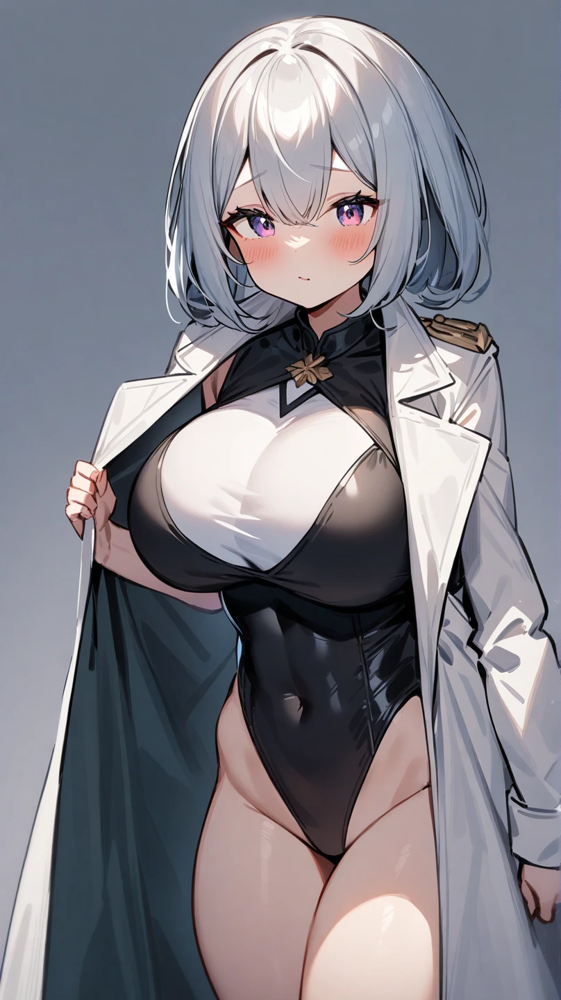 1girl, aegir \(azur lane\), azur lane \\\\\ masterpiece, best quality, very aesthetic, absurdres, newest \\\\\\ \\\\\\ by nyantcha,,by cutesexyrobutts,by khyle ///// , , , silvery white hair with a single prominent red streak , black horns, , , yellow eyes, ,, ,,,, ,,serious, , white background, standing,, ,lingerie garter belt,, black openwork bra,big tits, Hands in fists, stockings, nothing extra on the neck, wearing a bathrobe
