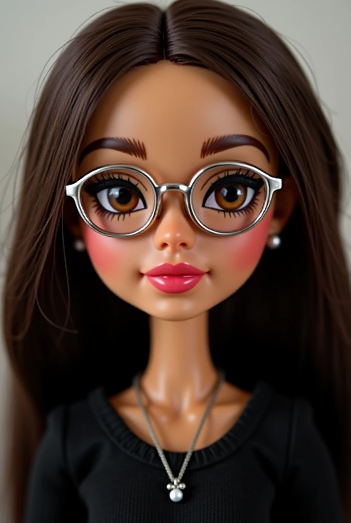 Create a african american blythe doll with black hair,brown eyes, cute makeup, glasses and a white background