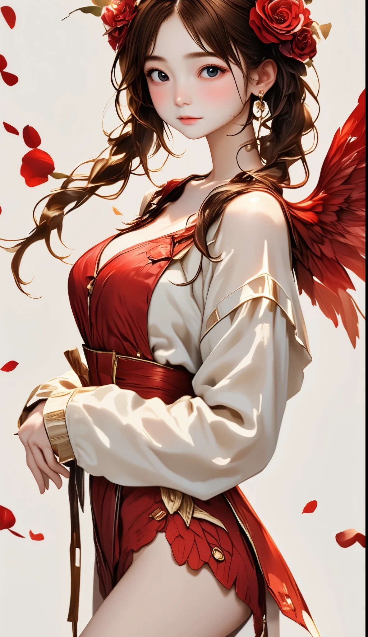 Best Quality、masterpiece、 RAW photo 、 Super Real 、Film Grain、perfect anatomy、(((Get a Healthier, Slender Body, long hair, Bangs:1.37)))、Rose Angel、beautiful crimson feathers、Angel Wearing a Crimson Rose、Very Beautiful、 rose petals dancing 、white background