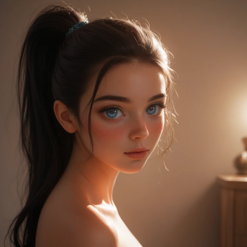 masterpiece, trending on artstation, portrait, pov, 1girl, pretty, cute face, most beautiful in the world, instagram mdel Rachel Cook, soft, delicate, detailed eyes, (((bright blue eyes))), detailed hair, (medium length brown hair, hair tied up, ponytail), (small breasts:1.0), small nipples, depth of field, (warm glow:1.2), (soft lighting:1.1), (shadows),Pin-up painting from the '50s, in the art style of Alberto Vargas,, award-winning, masterpiece