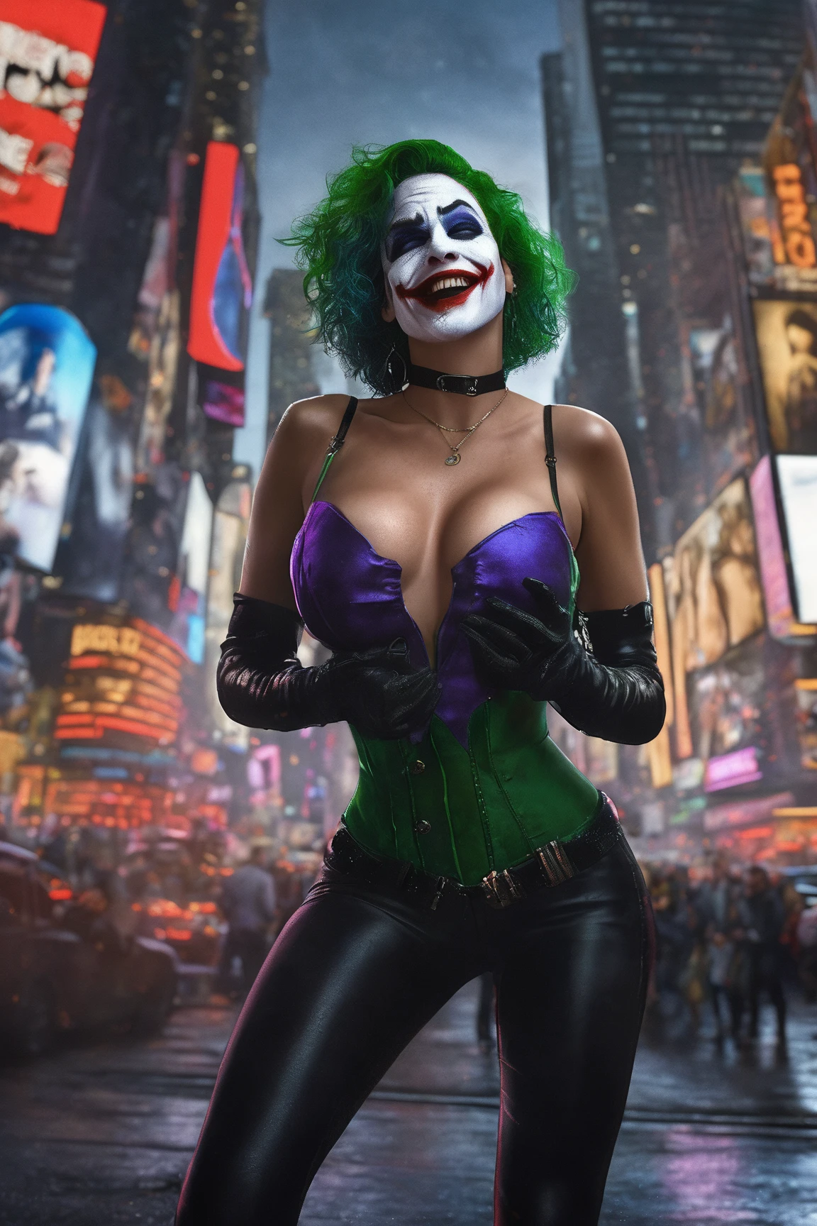 New York, time square, Joker Girl 25 years old, macabre, horror, Sharp mouth teeth, full body shot, tight clothes, technological details, Authentic background, (realism: 1.5), (Realisitc: 1.4), (Absurdity:1.4 ), 8k, ultra-detailed, detailed, (full breasts: 1.3), (One only: 1.4 only), (Viewer facing: 1.3),
