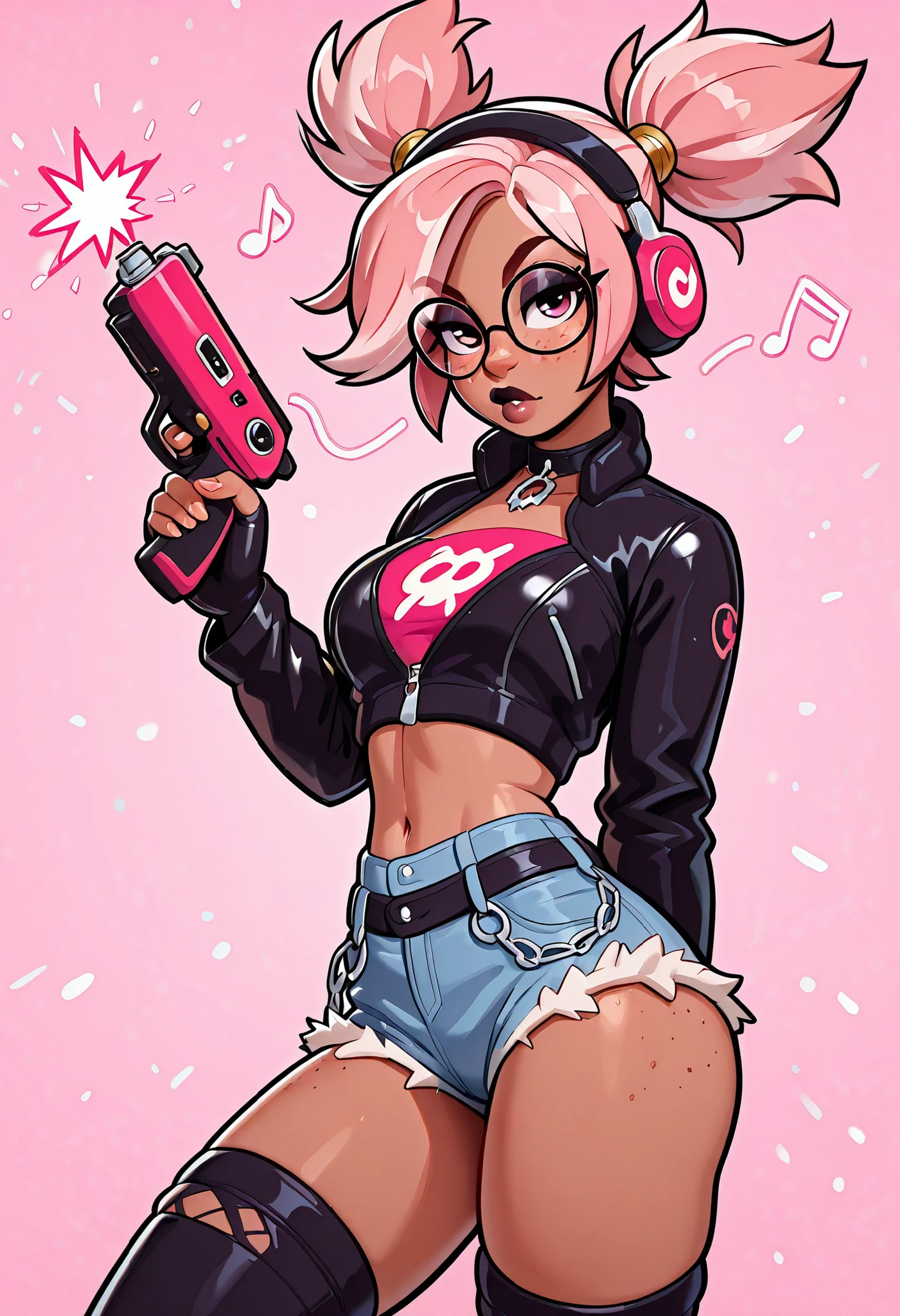 masterpiece, best quality, very aesthetic, absurdres, safe, (masterpiece), 1girl, solo, best quality, expressive eyes, perfect face, newest, perfect anatomy, flawless face, dark skinned African female with pigtails and glasses, wearing pink light headphones, short black leather jacket, crop top with music logo, music notes in the air, multicolored hair, tight denim shorts, color saturation, makeup, lipstick, glossy lips, freckles, black boots, black fingerless gloves, hair blowing in wind, pink hair, holding a pistol, two-tone hair, looking at viewer, at a party, making beats on an MPC, party lights, serious expression, sexy look,AddXL,1girl, xhoneydx, explosions in background