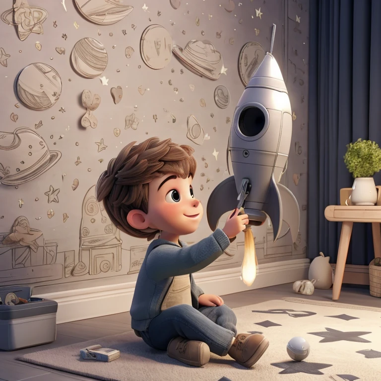 "An 8-year-old boy with brown hair and bright eyes is lying in his messy bedroom, filled with planet and rocket posters, with a look of fascination on his face. He is wearing a navy blue astronaut suit with orange accents, complete with a makeshift jetpack backpack made of toys and a helmet with shiny stickers. His brown eyes are fixed on a silver telescope pointed at the window, revealing a starry night sky. The moonlight illuminates his face, creating soft shadows on the details of the suit. His black puppy, wearing a mini astronaut helmet, and his Siamese kitten, wearing a small backpack, watch him curiously. Pixar style, 8K render, dramatic lighting, focus on the boy's eyes, depth of field, vibrant and contrasting colors, close-up framing of the boy's face and telescope."