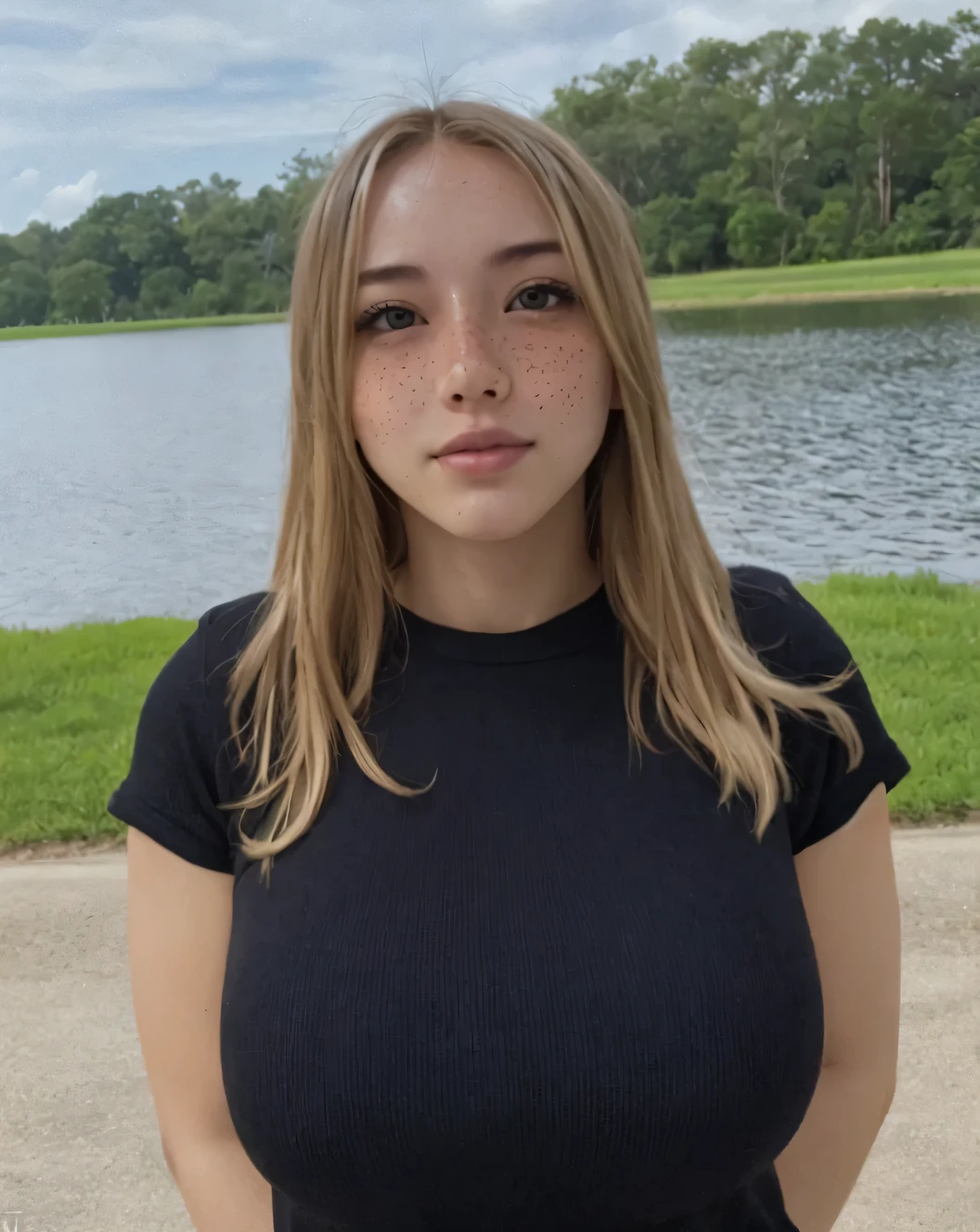 A highly detailed digital illustration of the input image, maintaining composition and pose, in a 2.5D manhwa style, ultra-sharp details, smooth shading, vibrant colors, high-quality rendering, trending on ArtStation, masterpiece, 4K resolution, perfect breasts, petite girl, young girl, toned body, toned abs, round breasts, huge breasts, blush, cute blush, red cheeks, freckles, cute freckles, cutecore.