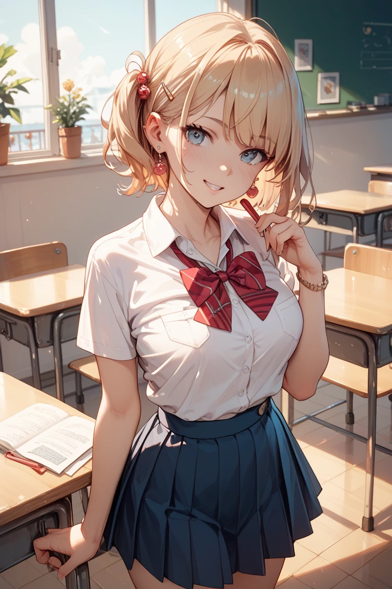 1girl, parted lips, blush, makeup, light smile, school uniform, classroom, school bag, light rays, glow, thighs, collarbone, narrow waist, (masterpiece), wallpaper,