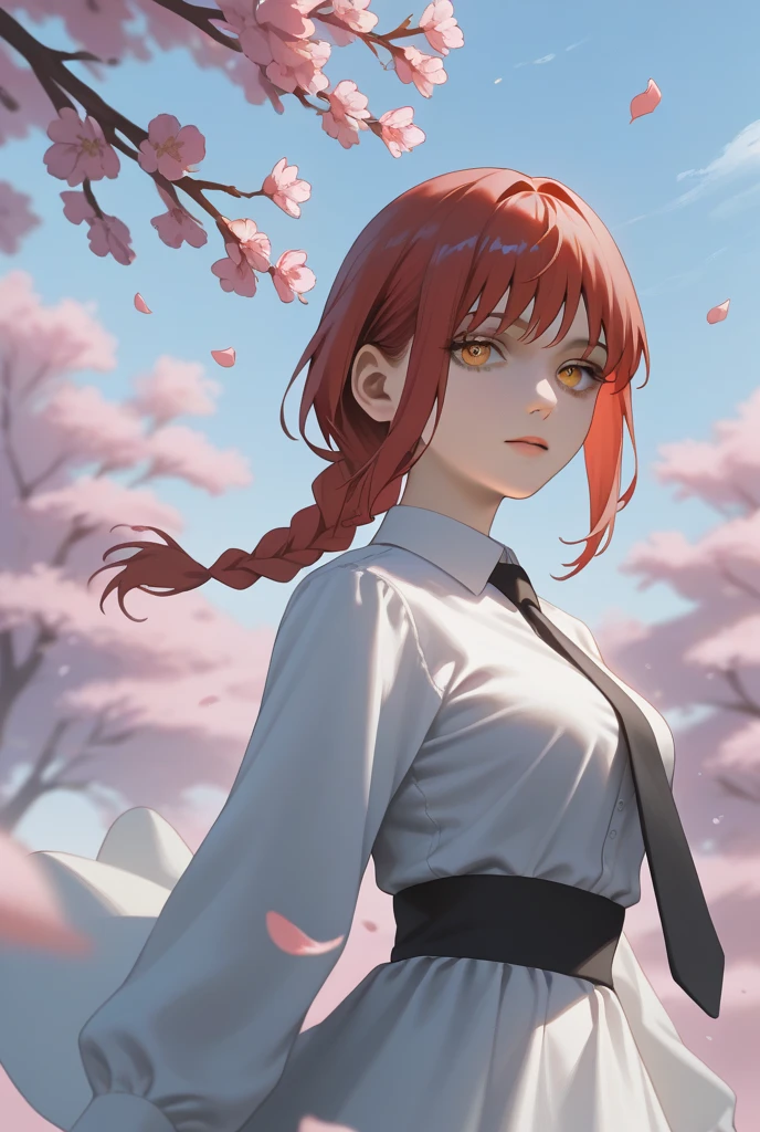 ((Go Min-si)) Create a striking anime-style digital illustration featuring a front portrait of Makima from Chainsaw Man. Portray her with her signature vibrant red hair, styled with straight bangs and a long braid draped over her right shoulder. Her piercing golden eyes with circular patterns should be the focal point, exuding an air of mystery and power. Dress Makima in a crisp white shirt with a black tie, conveying her professional demeanor. The lighting should emphasize the contours of her face and the folds of her clothing, creating depth and dimension. Set the background against a serene blue sky filled with blooming cherry blossoms, their delicate pink petals contrasting beautifully with Makima's red hair. The cherry blossoms should be rendered in soft, ethereal strokes to create a dreamlike atmosphere. Use a vibrant color palette dominated by the red of Makima's hair, the blue of the sky, and the pink of the cherry blossoms. The art style should blend sharp, clean lines for Makima's features with softer, more painterly techniques for the background elements. Incorporate subtle details like light reflections in her eyes, individual strands of hair catching the light, and the gentle movement of her shirt in a light breeze. The overall composition should capture Makima's enigmatic and slightly unsettling presence, contrasted against the peaceful spring setting.