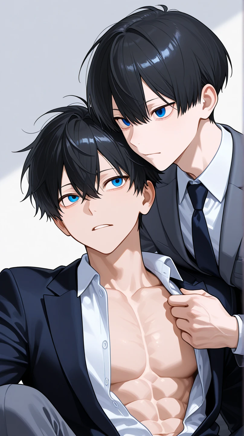 Detailed black hair boy, detailed blue eyes, wearing , seated 