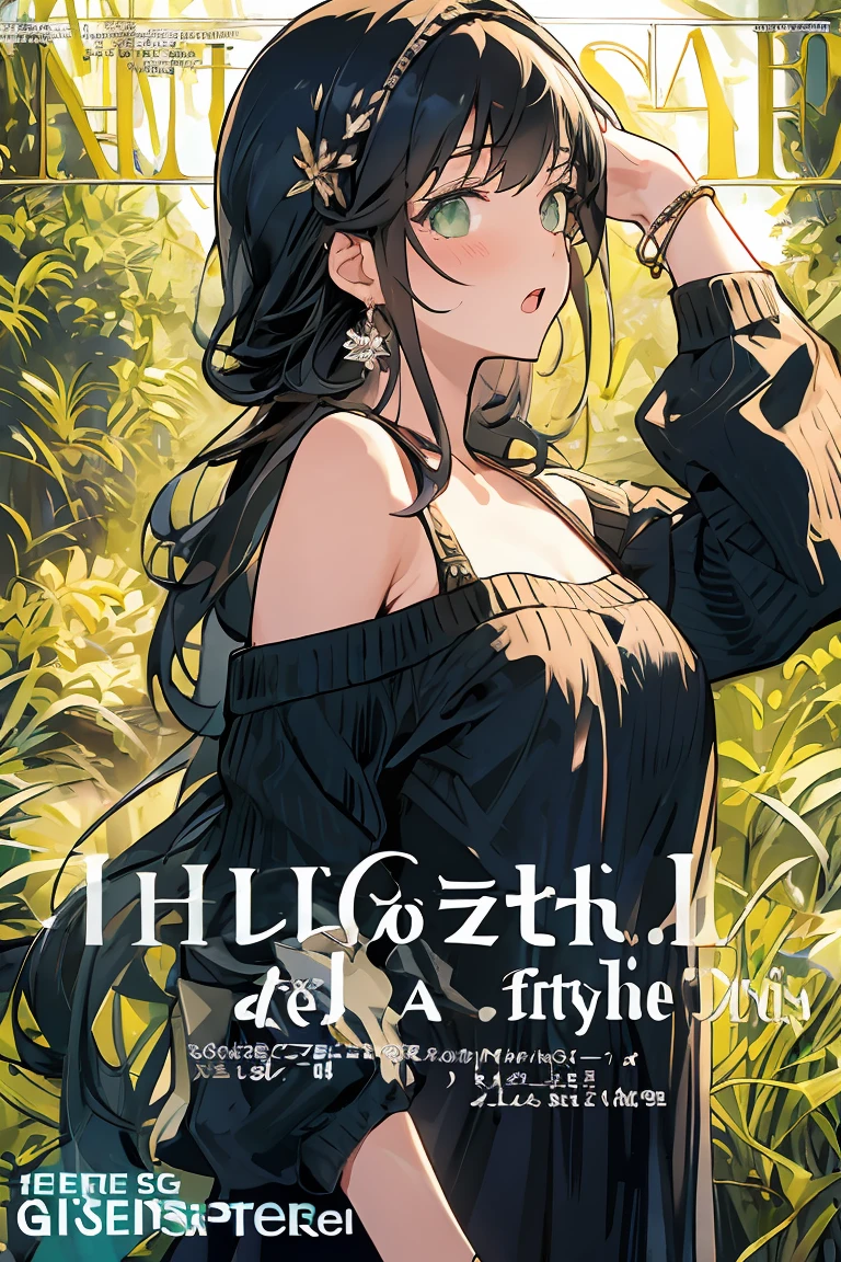 Two-dimensional girl, long black hair flowing, green deep eyes, gentle smile, green black idol costume, magazine, text, idol, magazine cover, sister style, exquisite picture, best shadow, best picture quality, best light, rich detail, high resolution, masterpiece.