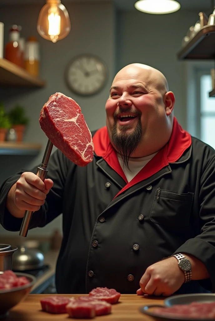 Create a high-quality, vibrant drawing of a funny fat man with a comical face, hungrily eating meat with his hands. The scene should be fun and colorful, with colorful smoke adding a whimsical touch. The caricature should emphasize the man's exaggerated features, including a white shirt revealing his disproportionately large belly. Pay close attention to the vibrant colors, the texture of the meat, and the man's joyful, carefree expression. The overall atmosphere should be lively and humorous, creating an entertaining and amusing image.