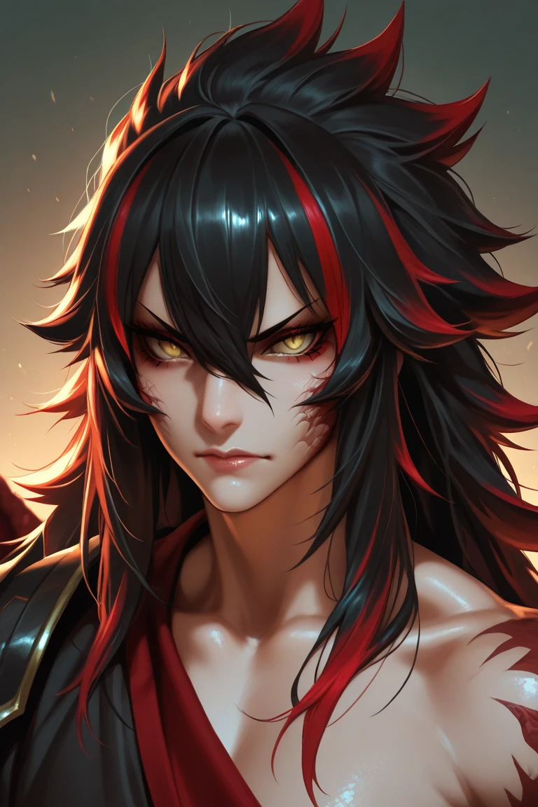 Oni boy with black skin and red eyes and hair