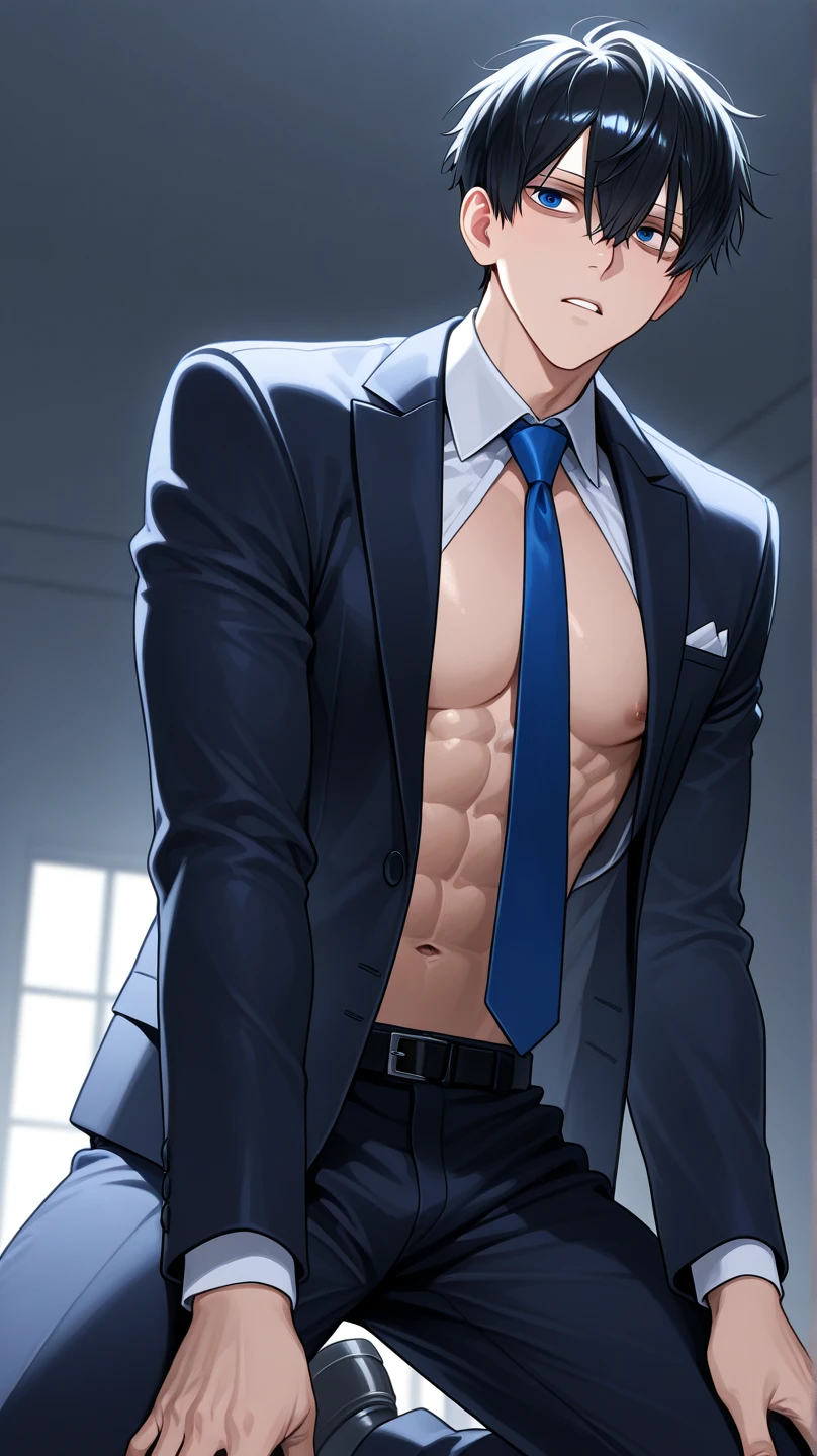 best quality, masterpiece, nude handsome man with medium length curtain hairstyle, skinny build, cute round face, glasses, black suit, exposed torso, grabs his own breasts, embarrassed expression, bushy pubic hair, small flaccid uncut penis, excessive dripping precum, loose tie around his neck, sits on table in dimly lit luxurious office, at night, backlight, cinematic lighting, dramatic shadows