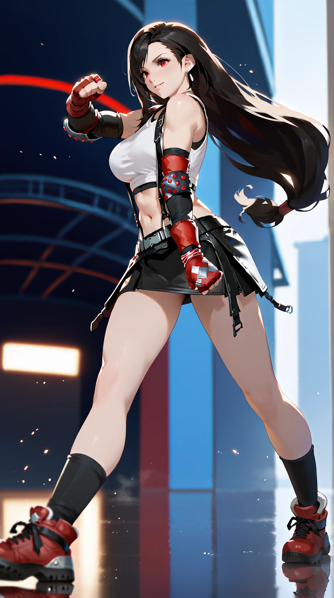 best quality, ultra-detailed, high resolution, extremely detailed CG, unity 8k wallpaper, super detailed skin, detailed, dynamic lighting, beautiful detailed eyes, defTifa, white crop top, elbow pad, fingerless gloves, suspenders, very short pleated miniskirt, red boots, bar counter, showing panties, dynamic pose, red eyes, serious, smile, fighting stance, sparring,