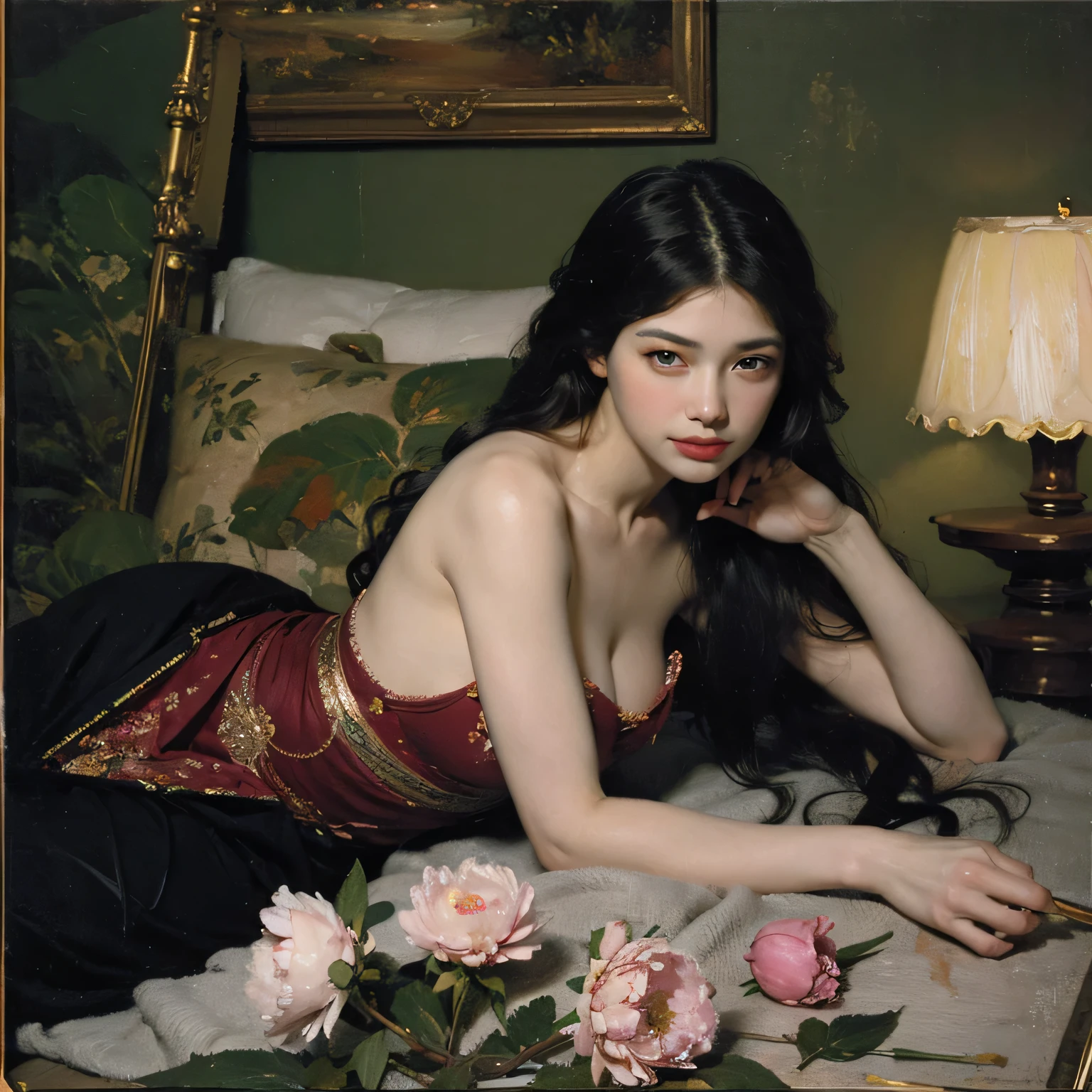 A half-asian, asian-european, woman with black wavy hair in the style of a greek goddess, with bronze skin posing as a seductive temptress with porcelain skin and blood-red lips, framed by the opulent trappings of a Victorian parlor. Inspired by Pre-Raphaelite art, her form is ethereal and romantic, with flowing locks and delicate features that evoke the beauty of a bygone era. smiling, sitting in a Victorian Parlor, her elegant gown ripped open revealing her breasts and navel , gothic romantic style, with lots of gothic details