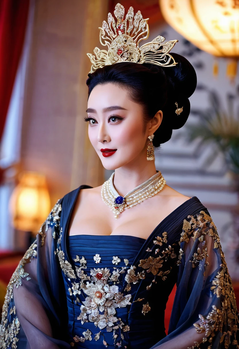 A lavish Empress from the Qing Dynasty era in China, seated on a large golden sofa, completely naked, with her large breasts and massive buttocks protruding as she faces away, her face visible.(Porn Pose) A gorgeous Chinese imperial empress with her hair tied on both sides and wearing a crown、Background of kinky and erotic woman tying her hair、The story is set in the luxurious rooms of an empress in the Chinese imperial court during the Qing dynasty.。