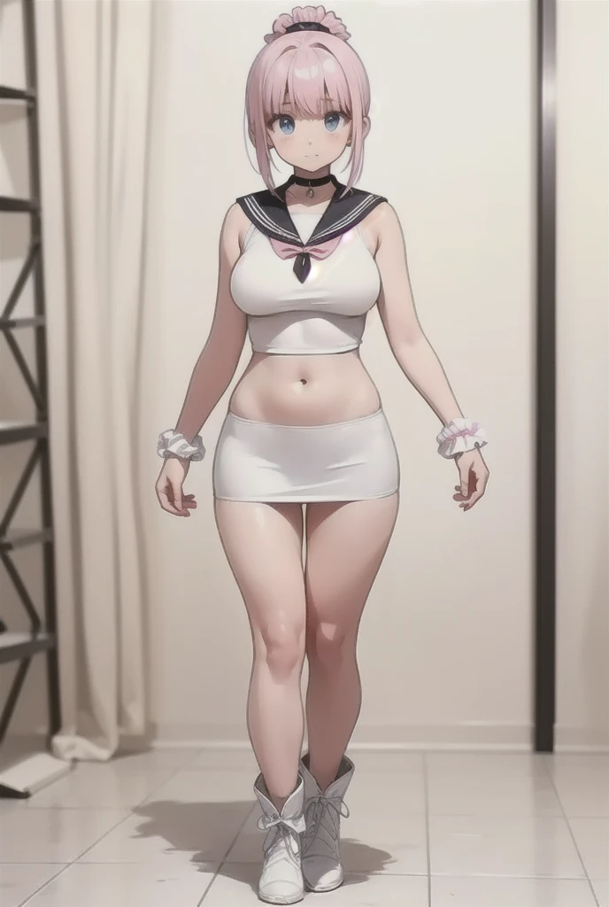 masterpiece、high resolution、8K、best quality、 super detailed eyes、Morning Light、studio lighting、 Soft Shadows、solo、 one 18 year old girl、cover、pink hair、semi-long、straight hair、swimsuit type costume((pink tank top、white oval sailor collar、belly button stick、white tight skirt、micro mini skirt、white short boots、white scrunchie on wrist、black choker))、full body、simple background、Strong winds、standing(legs apart：1.8)、Beautiful Skin、 beautiful eyes、anatomical structure、perfect body、Big Breasts、photo、focus on people、shiny costume、Clear Image Quality、 noise removal 