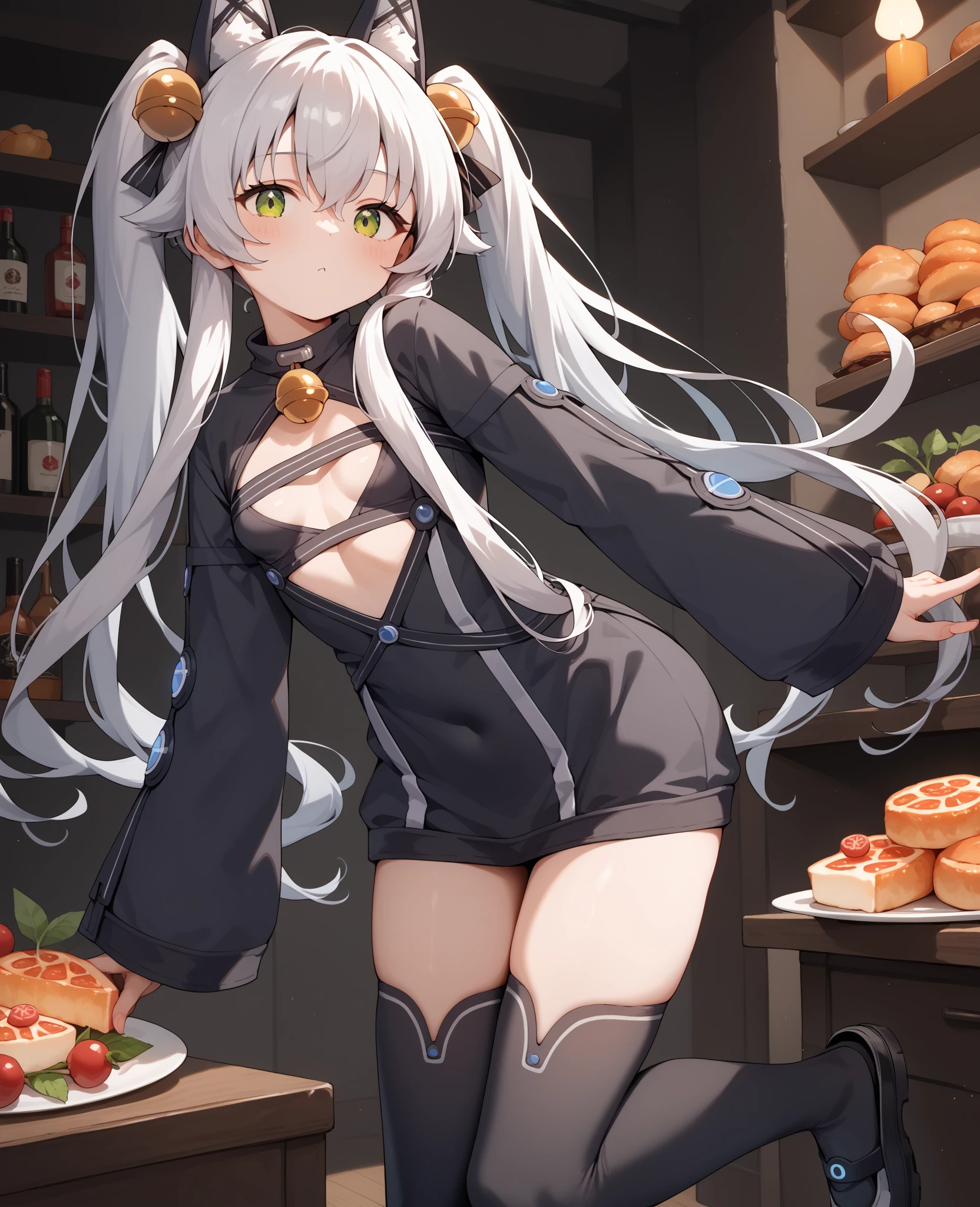 nsfw,master piece,best quality,1girl,,silver long hair,twintails,small breasts,bestiality,(( eat dog food from food dish )),tearful,spoken heart,,Collar,full body