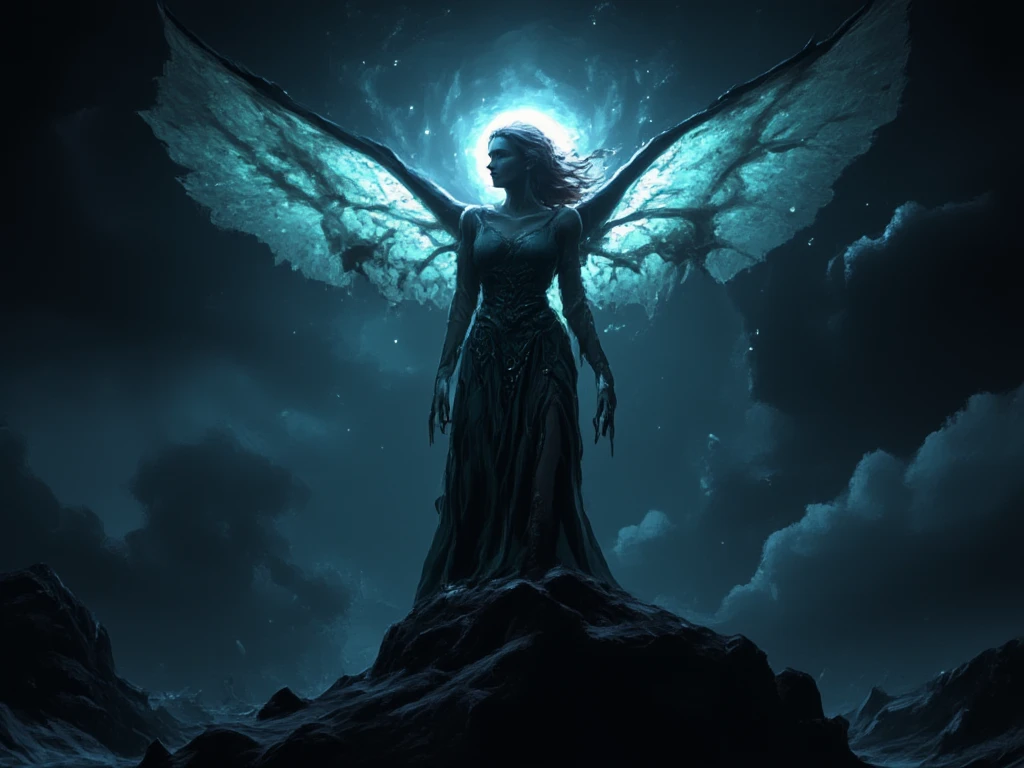 A dark forest with sky blue lightning and a human angel from behind with white wings and a horn above her head