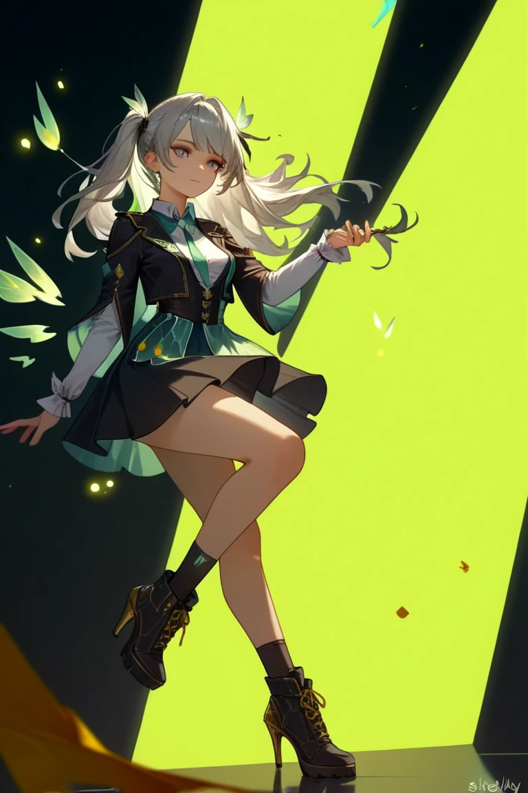 white hair, hairband, thighhighs, long sleeves, dress, long hair, breasts, bangs, hair ornament, hair between eyes, purple eyes,boots, high heels, white footwear,firefly,masterpiece, official art, extremely detailed cg unity 8k wallpaper, highly detailed, absurdres, 8k resolution, 1girl, solo,