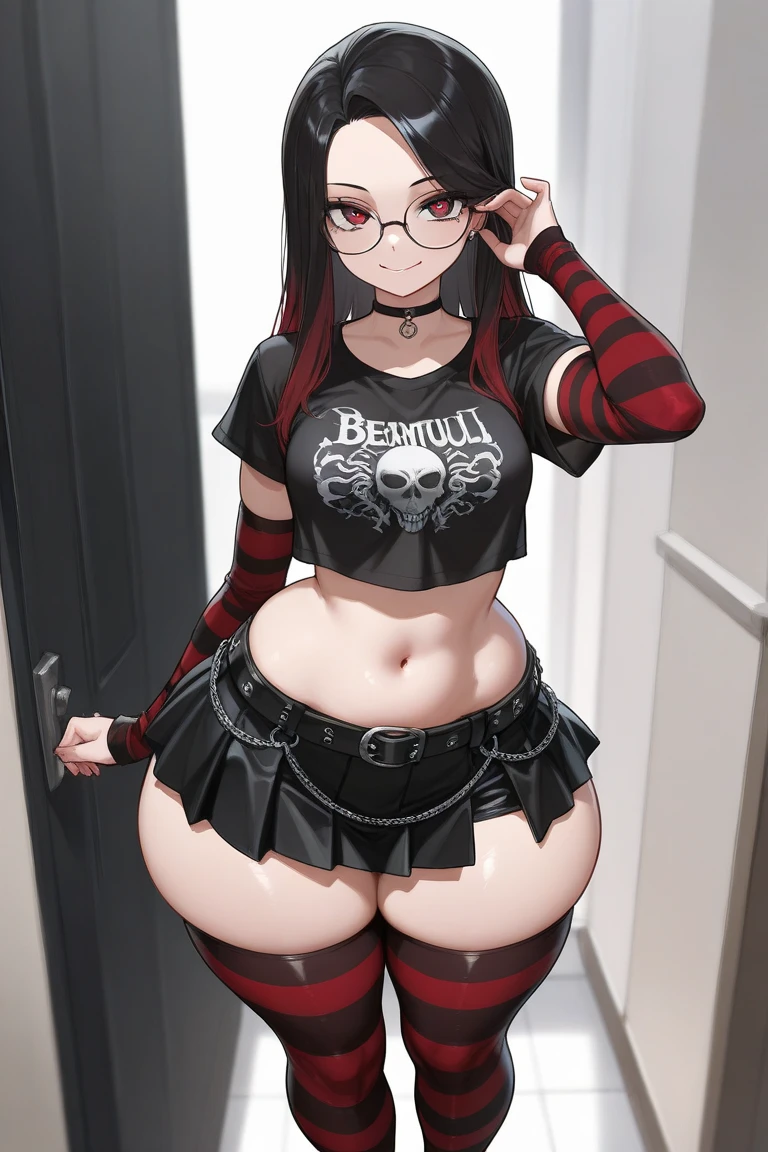Punk trad goth,  black hair with bits of blue, hair is short, hair is styled, punk outfit, black lipstick, galaxy, night, grey eyes, chubby body, chubby girl, elf ears, fangs, pointy ears, fishnet, thigh highs, black outfit, choker,  lips are colored black, lipstick black, chubby waist, chubby thighs, thick body, black nails, tattoos, facial piercings, nose piercing, ear piercings, chain jewelry, b, illustration, ice cream, sweets, shimmer, iridescent, light particles, cake, strawberries, fruits, dynamic angle, glossy, shiny clothes, frills, 8k, smile, 3d, 3dm, goth themed,  piercings, nose piercings, septum in nose, chubby female, chubby person, elf ears, overweight. Obese. Fat. Fat rolls. Stretch marks. Wide hips. Wide waist. Huge butt. Big breasts, waist rolls, fat stomach, pudgy stomach, big girl, fat waist, eyes open,round, elf, pointy ears, skimpy outfit, revealing clothes, standing by stove , galaxy outside. Porch. Backyard. 