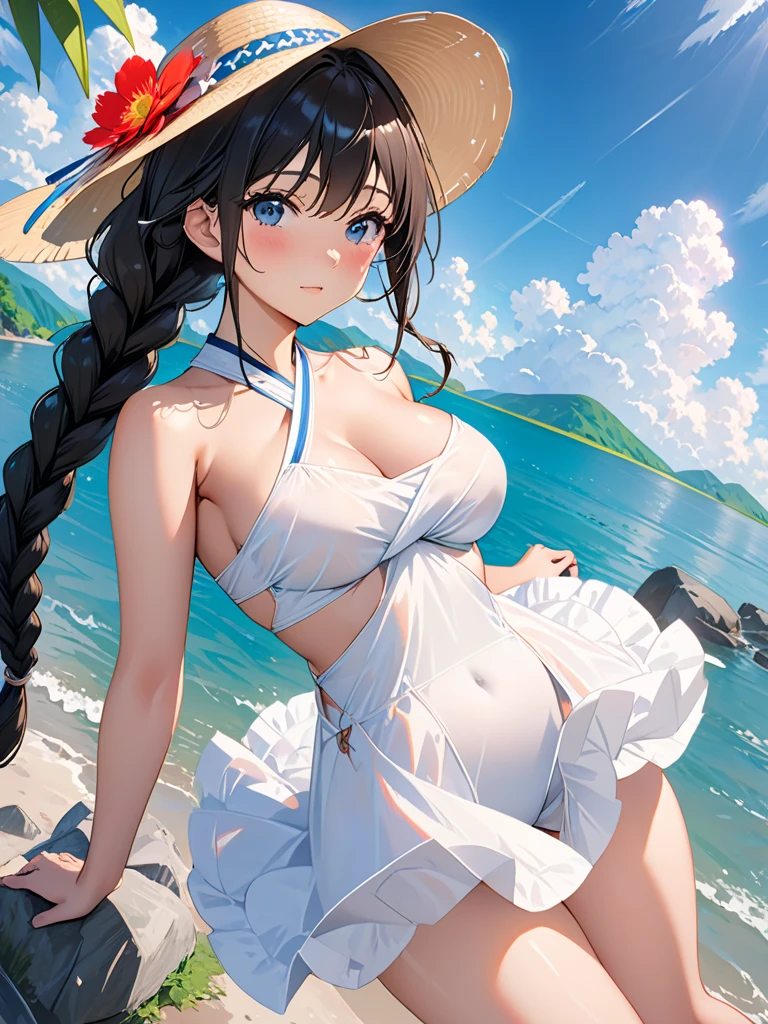 (masterpiece), (best quality), (ultra-detailed), photorealistic, (best illustration), (an extremely delicate and beautiful), 1girl, solo, detailed scenery, radiant beach, blue sky, white cloud, kcshigurek3su, cowboy shot, leaning forward, finely detailed iris, detailed eyes, side-tie bikini bottom, hair ornament, hair flaps, single braid, brown hair, straw hat, hat flower, front-tie bikini top, black necktie, collared shirt, see-through, blue bow, light smile, short sleeves,
Very Fine Eyes Very Fine Face、Insanely detailed body、Extremely fine skin, very elaborate hair ornament, Precisely shaped body and hands Wet Transparent Shirt 1person Big Nipple Big Bust Breast Milk Squirt Orgasm Ahegao sex