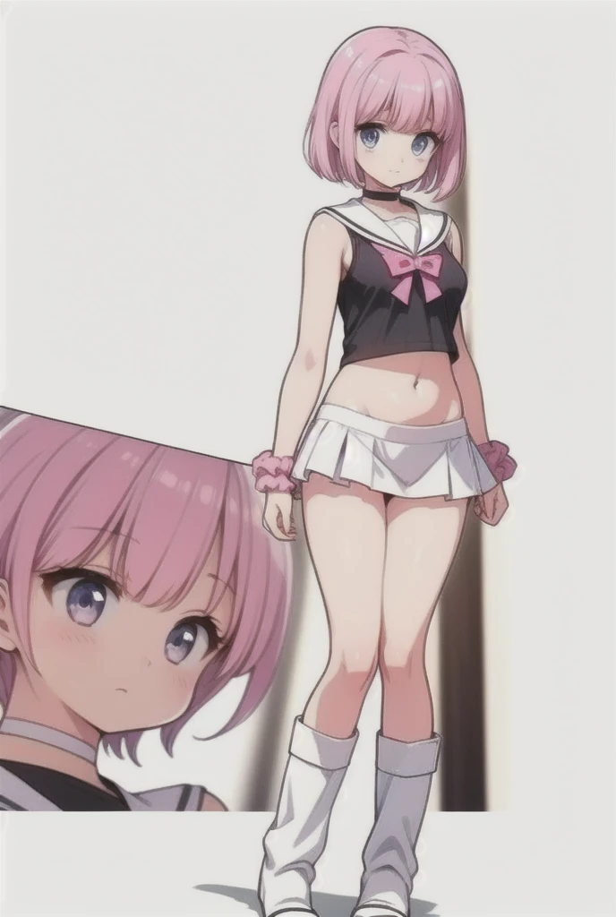 ((Table t○p, highest quality, Hi-Res Lucifer,Anime Screen Capture、Pixel perfect, 8k)))、nsfw、Perfect Anatomy、Female police officer、(((low length、Small breasts、Wide Hips、Wide hips、Thick thighs、Hands on Hips)))、(((Short Hair、Wavy Hair)))、Police Hat、(((シャツО、Skirt flipped up by the wind、light blue sleeveless shirt、Navy Blue Pencil Skirt、White Panties、ホワイトスポーツブラ)))、Sweat, vapor,(Orange Eyes)、((Pink Hair))、((((驚いた、:o、blush))))、(In town)
