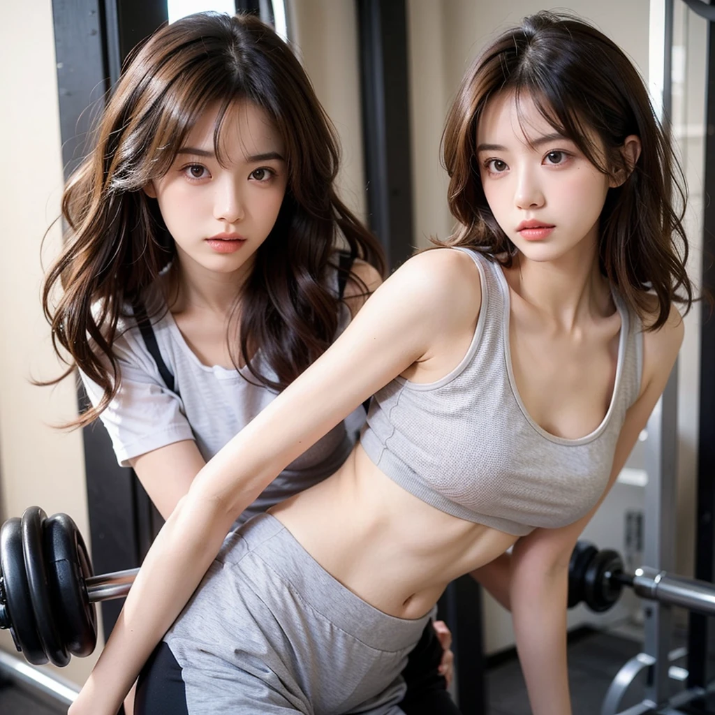 Top quality, bust, delicate face, girl 20 years old, smile, slim figure, small bust, small, white crop top T-shirt, pink leggings sweatpants, gym scene, upright, head-up lenses, camel toe, nipple shape clearly visible, pubic shape clearly visible, boston type cell frame glasses, Light brown short layered hair