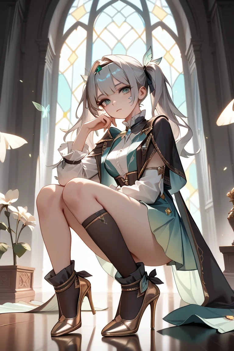 The girl stands and looks at the camera, A girl stands at a fair, green eyes and white hair, She lifts her skirt with her hands, Upskirt, blue skies, Beautiful clear blue sky, green hairpins in the hair, skinny waist, Slender figure, Appearance of the model, confusion, sexuality, green colored eyes, People's casual clothes, black clothing, pantyhouse, black tights, little chest, You can see the, Upskirt, black clothing, White underpants, Elf Girl, Sweet girl, attractive anime girl, beautiful anime girl, Cute beautiful anime woman, detailed digital anime art, beautiful anime girl, beautiful anime girl, Anime with small details, Best Quality, Masterpiece, Ultra-detailed, Beautiful, hight resolution, Original,CG 8K ультрареалистичный, perfect artwork, beatiful face, Face Clean, Skin, hyper realistic, Ultra Detailed, A detailed eye, dramatic  lighting, (Realistic) Realistic, Full HD, Best Quality, Best Quality, Beautiful lighting, (8k wallpaper of extremely detailed CG unit), High Details, sharp-focus, The art of dramatic and photorealistic painting, beautiful smile,