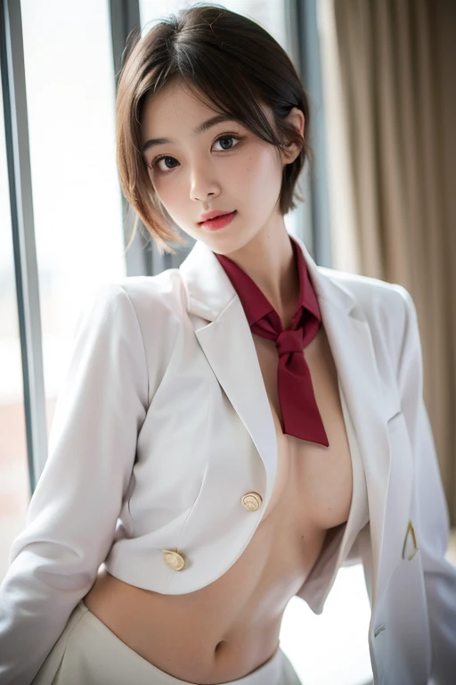 Mastepiece, Best Quality, (Highest quality、8k、masterpiece:1.3)、Ultra-high resolution、Physically Based Rendering、(Photorealistic:1.37)、Beautiful woman with perfect body:1.4、Slim abdomen:1.2、Highly detailed face and skin texture、 Red Cheeks、White skin、Narrow waist,Thin legs、Highest quality,Very beautiful woman, (cute:1.2),Perfect Glowing Skin、((Flower Field))、(((Full nudity)))、(((Upper body nude)))、(((Lower body nude)))、(((I see Chev)))、smile、((Small Breasts))、(((Suit jacket slipping off shoulders)))、((((tie))))
