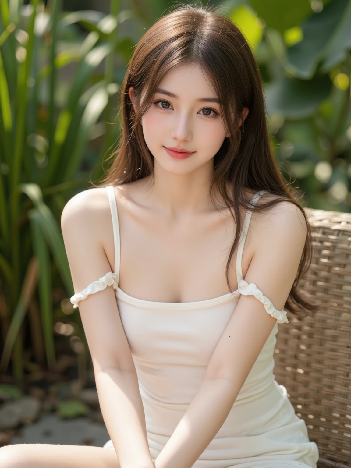 (Masterpiece) Realistic depictions of sexy and stunningly beautiful photos (18-year-old female) Exudes confidence and joy.. (summer dress) Brilliant smile and elegance (pony-tail). Small breasts, Flat chest. happy, Dynamic. A bright smile. Sit with your legs apart