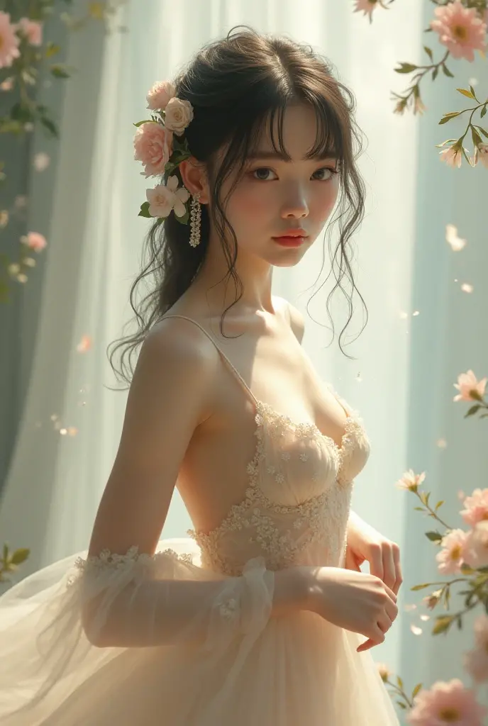 (best quality color photo of a mysterious beautiful woman in luxury lingerie on a fashion magazine cover, haute couture fashion shoot:1.2),(An extremely delicate and beautiful work:1.2), elegant pose, glamorous fashion pose, (the divine light) simple background, art nouveau, focus on art nouveau suit, luxury fashion,(she is the embodiment of beauty and allure, asian beauty, asian actress), (very delicate lace lingerie, sexy lingerie, elegant and sophisticated fashion, her flowing hair cascades gracefully, perfectly complemented by tasteful and elegant makeup:1.2), black hair, detailed face, looking at viewer, detailed eyes, black eyes, lustrous lips ,cleavage, (large breasts, nipple ,camel toe:1.1), skinny physique, beautiful figure, Perfect female body, (large breasts), Gentle and enigmatic expression, High color saturation, surrealism , (best quality, masterpiece, ultra detailed, ultra high res, photorealistic, raw photo, absurdres, absolutely resolution:1.4),