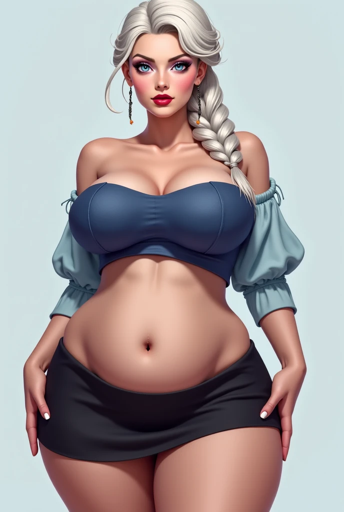 masterpiece, best quality, extreme detail, digital painting, absurdres, volumetric lighting, 1girl,solo,(gigantic breasts), massive breasts,(big eyes:1.3),grey hair,short hair,naked, blue eyes,short shorts,,thighhighs,long hair,thick thighs,wide hips,standing,choker,heavy blush,smile ,shortstacks, open mouth, fang,evil smile,