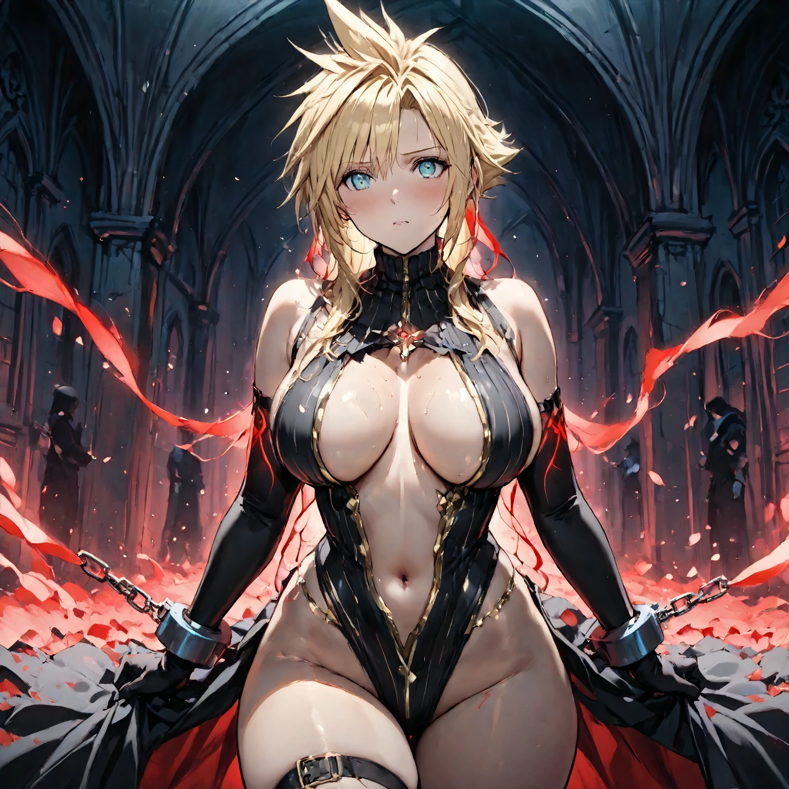 A stunning woman poses on a bed of lava, emanating an aura that is both infernal and seductive. She has a voluptuous and curvaceous body, highlighted by large, natural breasts that are perfectly proportioned to her slender frame. Her hair is a vibrant combination of hellish red and blonde highlights, in an ombré that looks like dancing flames, complementing the fiery scenery around her. Her face is marked by sharp features and bright blue eyes that capture attention immediately, giving her a piercing and seductive gaze. Her expression is confident and magnetic, with well-defined lips that add a touch of sensuality to her appearance. She wears a stylized toga that recalls the attire of the Nordic Valkyries mixed with modern influences from the character Toga from "My Hero Academia". The outfit highlights her long, toned legs and defined abs, while adapting gracefully to the curves of her body. The image is captured in high resolution 8K UltraHD to ensure every vivid detail of this mesmerizing scene. Her position is completely sideways, showing the silhouette of her body against the orange glow of the lava below her. This composition not only celebrates feminine beauty but also evokes a mystical and powerful atmosphere.