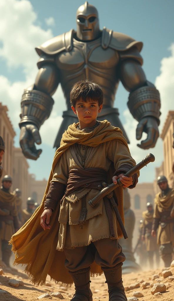 ((best quality)), ((masterpiece)), (detailed), perfect face
"Davi, a young boy with a determined look, stands ready with a sling in his hand. In the background, the massive figure of Golias, a giant warrior, looms with a menacing expression. The battlefield is tense, with dark clouds gathering, highlighting the epic nature of the confrontation."