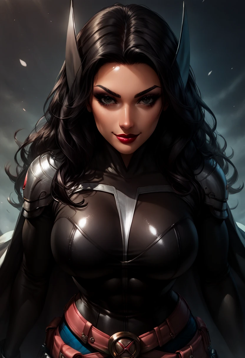 a dark vampire woman in a futuristic uniform as she looks around a mysterious planet that hides dark mysteries