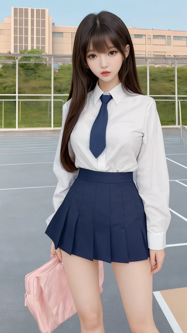 1 Girls in primary school,School Uniform Shirts、The top is tied around the waist、short skirt、long leges,Stand on a skateboard,(Exercise posture)chilarism、sport、Elementary school playground