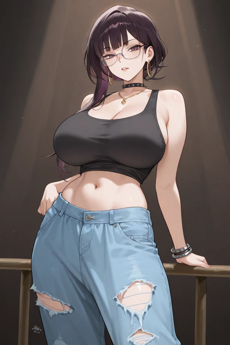 Anime Scene of a Female, with short chin-length wavy brown hair with pink-purple tips, hazel eyes, she is wearing silver earings, she is wearing a black chocker, has fair skin, she is wearing a jeans jacket, she is wearing a green sports bra, she is wearing a black high-waist skirt, she is wearing red converse shoes