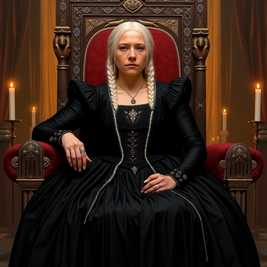 a photo of rha3nyra,she has a long white hair,she is wearing a black queen jacket,(she is sitting on a chair in a dark room)