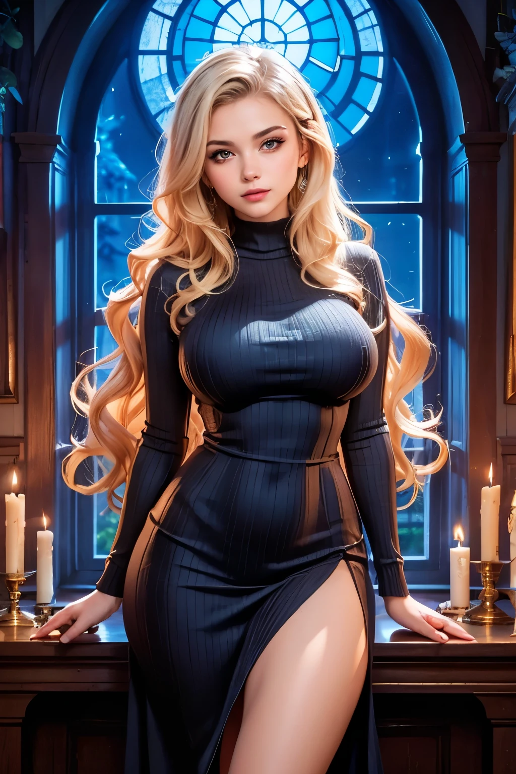 Masterpeice, Full-length view (portrait of a hot sexy blonde as Hermione Granger), in a Hogwarts uniform intimate, detailed, full body shot, very detailed face, green eyes, very sexy, Hogwarts shirt with opened buttons ,cleavage, short skirt, high heels, magic wand, black stockings, Hogwarts logo, Hogwarts Castle tower on background, (8k, uhd, DSLR, high quality, cinematic lighting, bokeh), (dramatic, award-winning photography, incredible masterpiece: 1.3), 16K, ultra high res.photorealistic, UHD, RAW