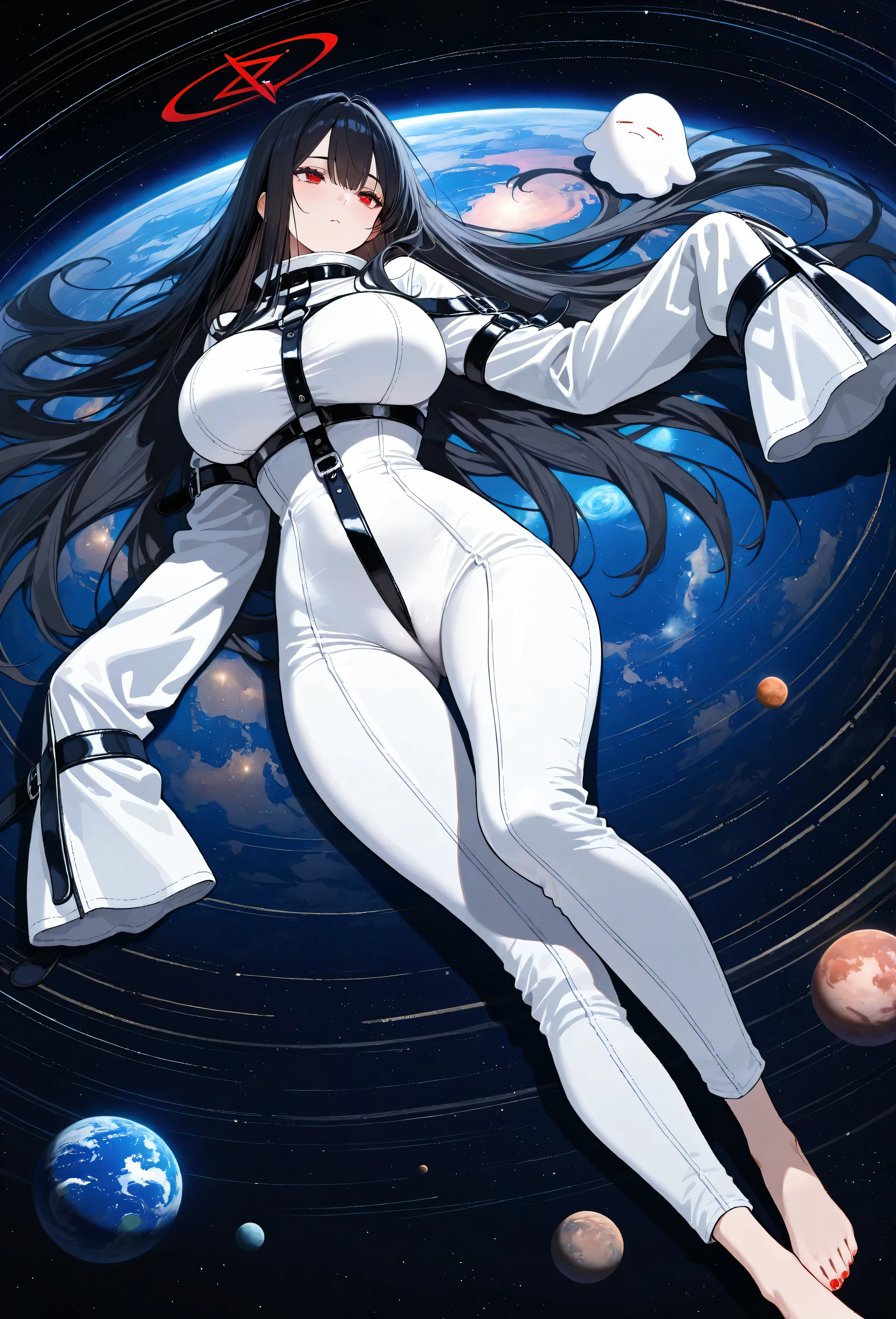 女の子1人、flat breast、cute little、beatiful detailed eyes、Shiny hair、visible through hair、hairs between eyes、USA Poster、red monochrome、A dark-haired、Akame、Vampires、Teen、small tits、space suits:Orange clothing body:Jumpsuit)、white glove、White Space Shoes、White helmet、weightless、side lights、Reflectors、A person in a spacesuit is at the bottom left of the frame、The right hand is outstretched.、The right hand gently touches the Salyut space station)、Space station in the upper right corner of the screen、Reflected light from the sun、silver metal、red flag、brilliance、Random reflexes、Metallic texture、The vista is a blue Earth、Mecha style、the sea of star、High Tone、grand
