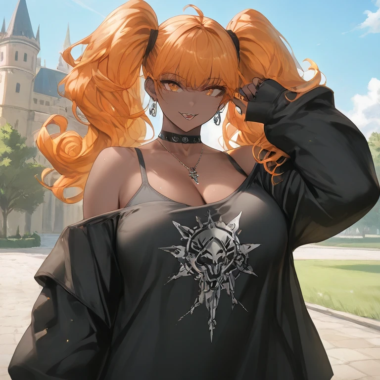 (banner:1.5), (Uhd, Masterpiece, Textured Skin, Super Detail, High Details, High Quality, Best Quality), Detailed Face, 1woman, mature pretty woman:1.5, ((Wide hips, thick thighs)), Blonde hair tied up, (Black sweater shirt), jeans, (Huge Body), (Hair tied up with side bangs)