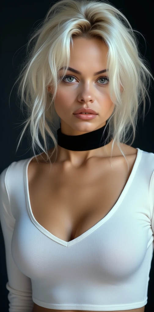 ((Nataliia Udovenko)), slender athletic body, big breasts, (blonde hair with dark roots), (bob hairstyle), (high detail skin texture), (high detail face), ((masterpiece)), ((best quality)), ((high detail)), (tight t-shirt), rim lighting, cinematic lighting, RAW photograph, various poses, Carl Zeiss 85mm F/1.4, by Ellen Von Unwerth, looking at the camera