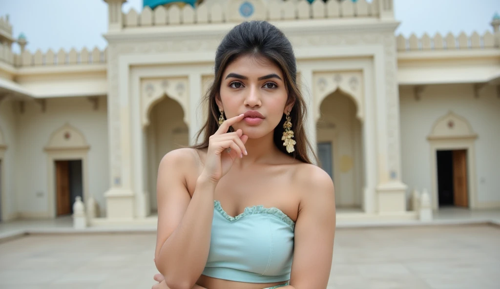 HD wallpaper 32k cinematic shoot of a Beautiful cute Rashmika Mandanna, with thick thighs and a curvy waist, twin braids, wearing a cup bra, horny, seductively, in a school corridor, dotted blouse top, micro denim shorts, sitting, legs crossed, ((thick and voluptuous thighs)), a large building with a pool in front of it and palm trees, islamic architecture, moorish architecture, inspired by Luis Paret y Alcazar, reflection, at last, masterpiece', reflects, reflecting, mesmerising, classic art, islamic, a pool inside the giant palace, reflexions, complex and intricate, beautiful place, inspired by Alberto Morrocco