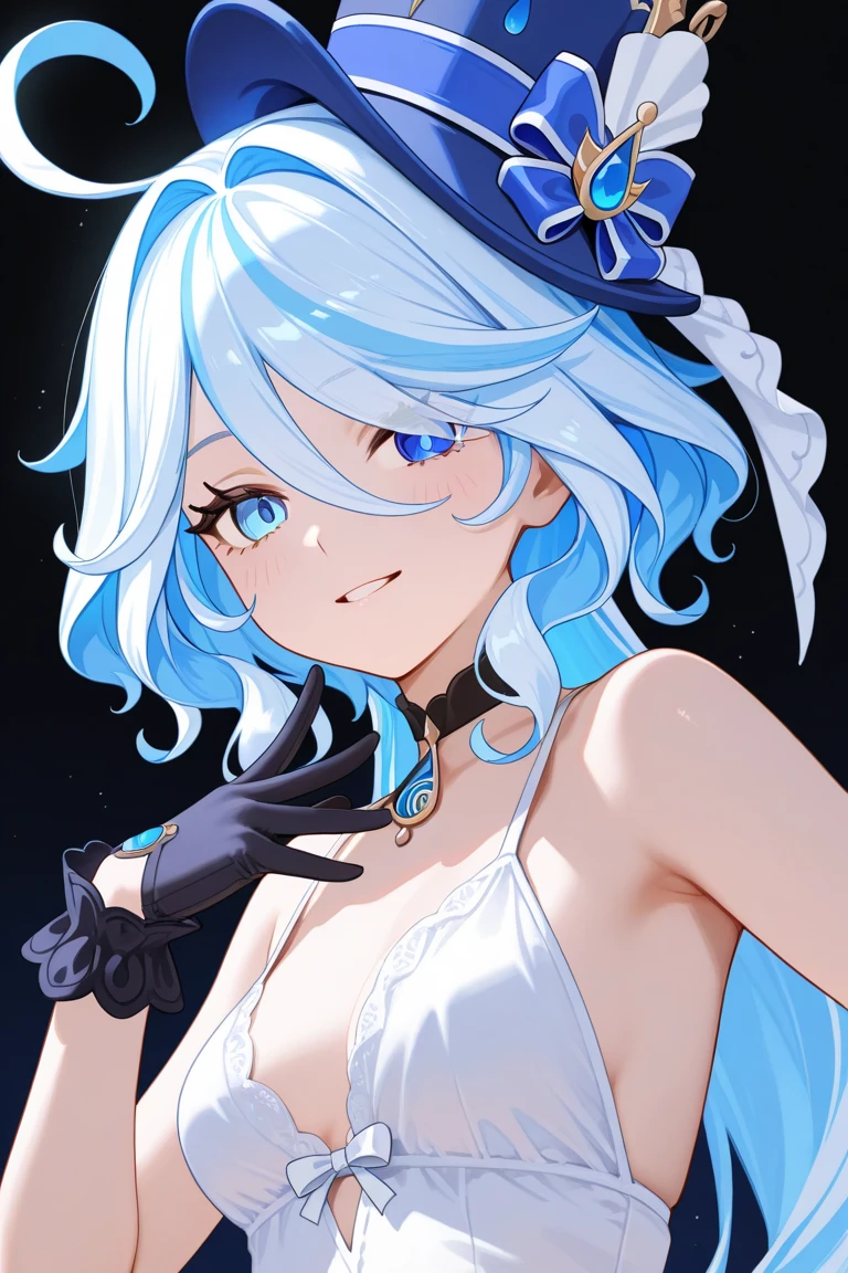 Furina,1girl,solo,long hair,blue eyes,white hair,(white bikini:1.1),heterochromia,detailed eyes,1girl,
, (masterpiece,best quality:1.2),absurdres