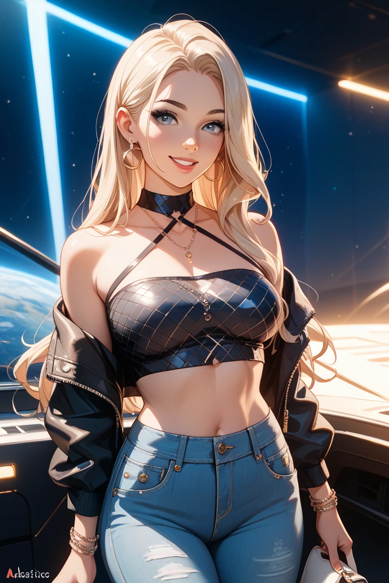 (masterpiece:1.5, Highest quality, Very detailed、 Dutch Angle、Realistic、2.5D、Realistic)(One Girl, alone)(Silver Hair:1.6,,Straight Long Hair)(Sports Bra、Jacket:1.5、Shorts、tightedium breasts, Beautiful cleavage,underboob))(from diagonally forward),(Beautiful starry sky、Mystical Night、Particles of light float around the woman、Fantastic space、luxury passenger ship)