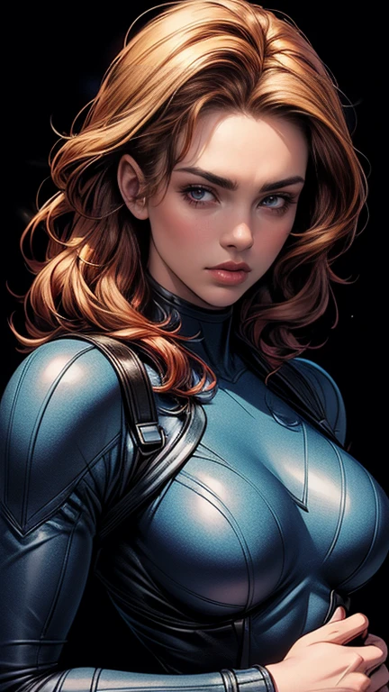 4k, best quality, (raw photo, best quality), (realistic, photorealistic photo: 1.3), best quality, Highly detailed, artwork, ultra detailed, illustration, Marvel cinematic universe, Marvel, Captain America + Widow's unique combination Black, Scarlett Johansson, Beautiful Natasha Romanova in blue and white Captain America costume without Captain America helmet, torso, high details on dress, best quality, extremely detailed 8k unified CG wallpaper, ink, Amazing, badass look, portrait, close up (skin texture), Intrinsically detailed, fine details, hyper-detailed.
