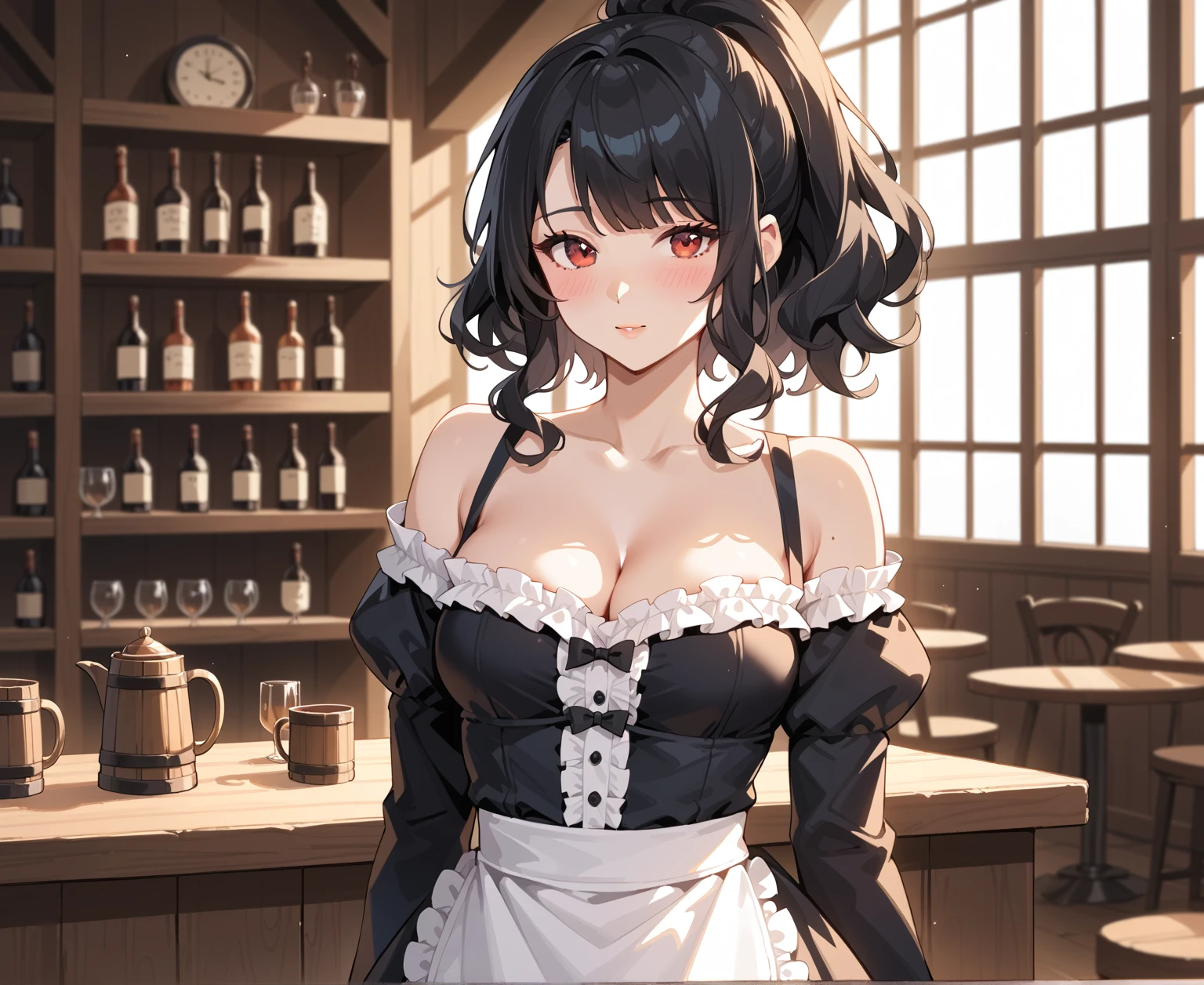 Perfect face. Perfect hands. A black haired woman with brown eyes and an hourglass figure in a Lolita maid outfit is setting tables in a fancy maid cafe with a big smile